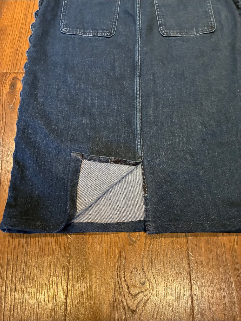 Maeve Dark Blue Denim Pencil Skirt with Scalloped Side Trim - Picture 7 of 11